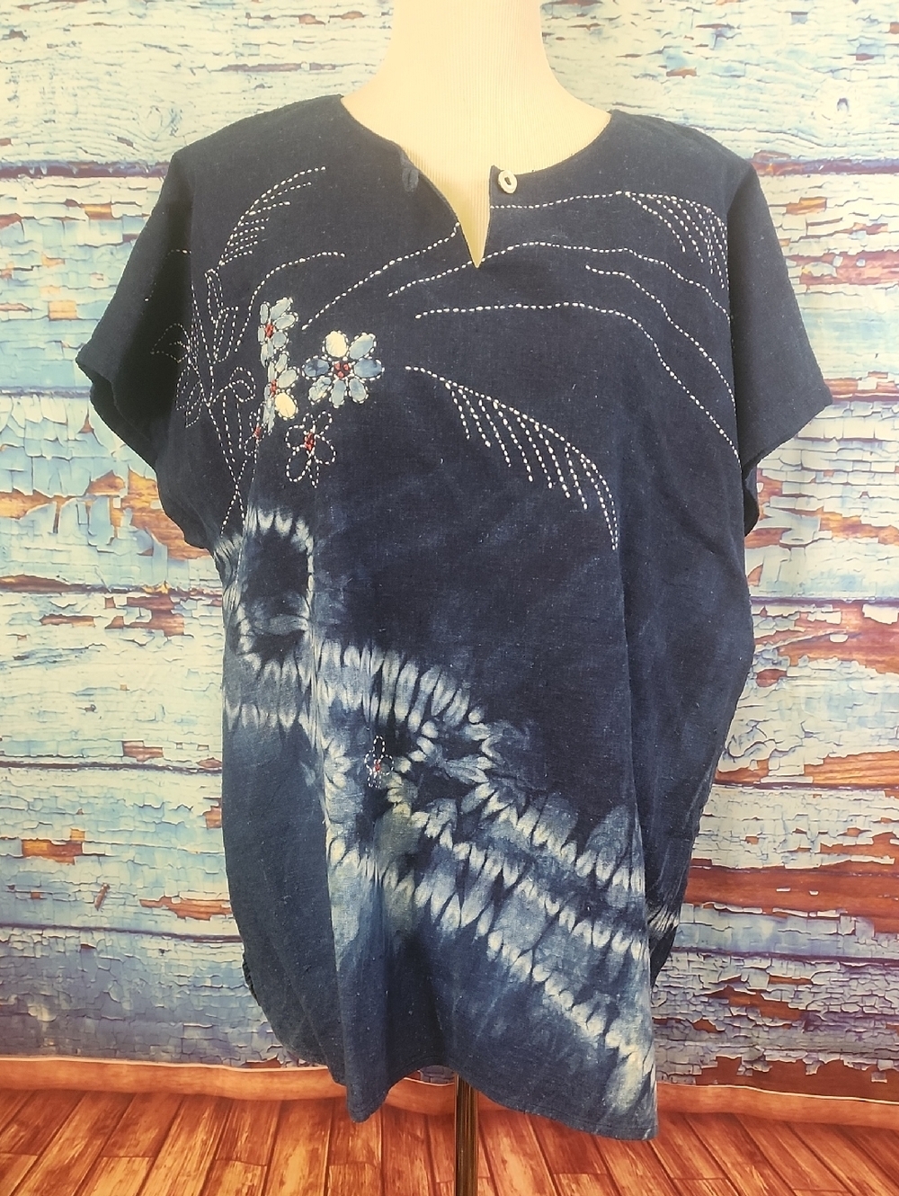 Women's Indigo Tie-Dye Embroidered Cotton Top